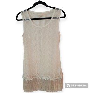 A'reve Womens Cream Mesh Fringe Tunic size Small
